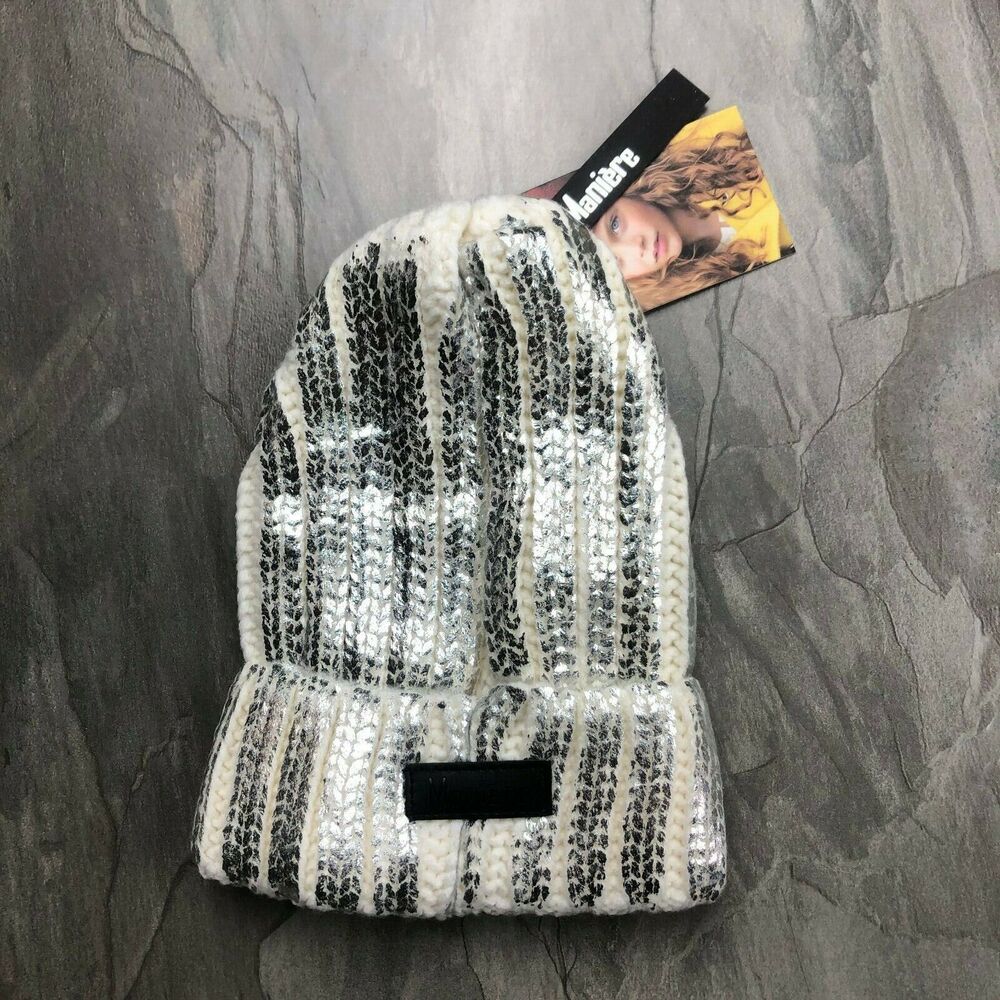 NWT Maniere White Foil Stamped Ribbed Knit Beanie Toddler Girls Size Small 2-4